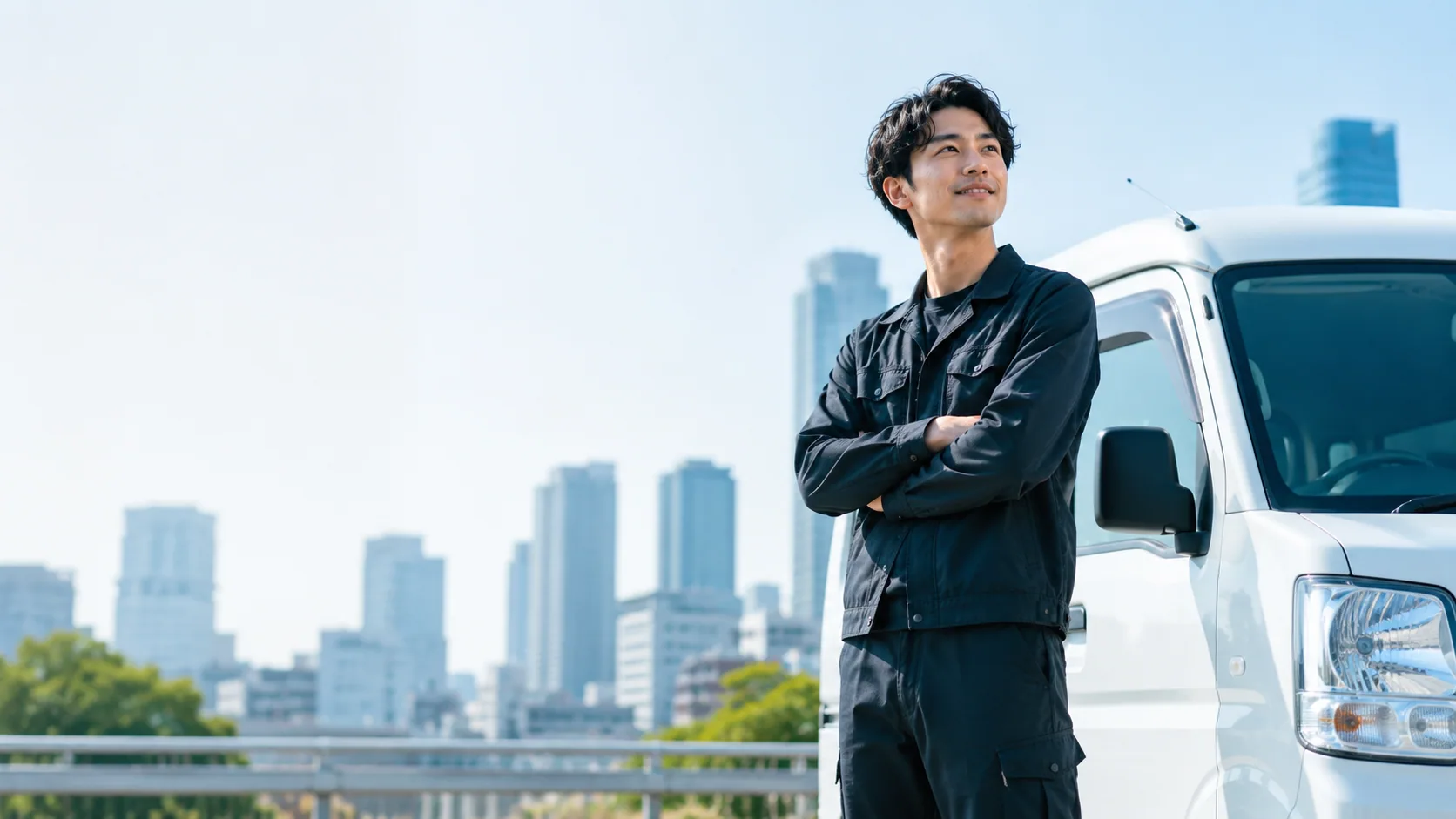 東京の街並みを背景に、白い軽バンの前に立つ軽貨物ドライバーのイメージ