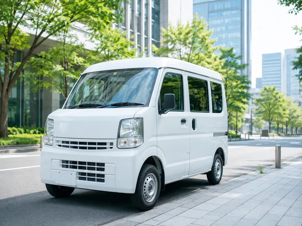 品川区の街並みと配送用の白い軽バンのイメージ