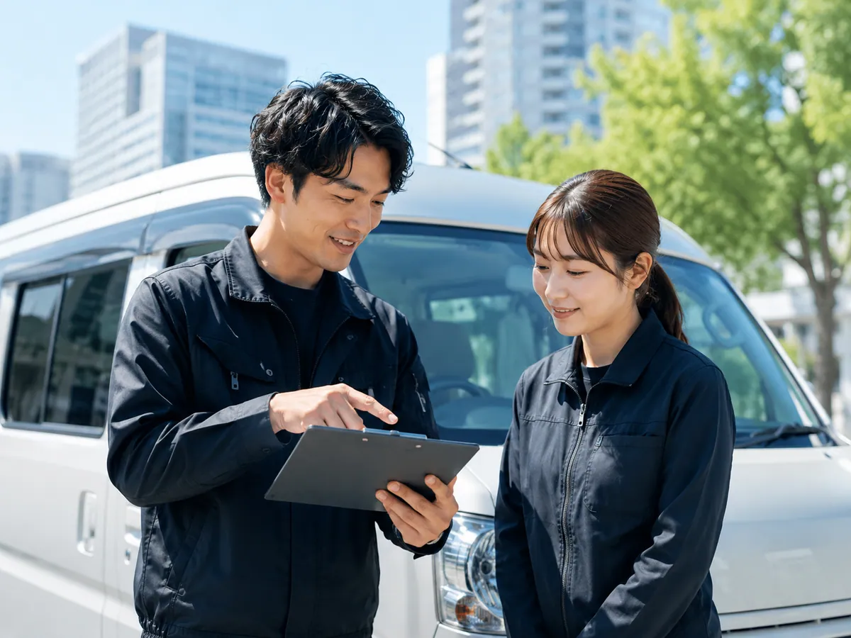 先輩スタッフから配送の流れを教わる、未経験ドライバー研修のイメージ