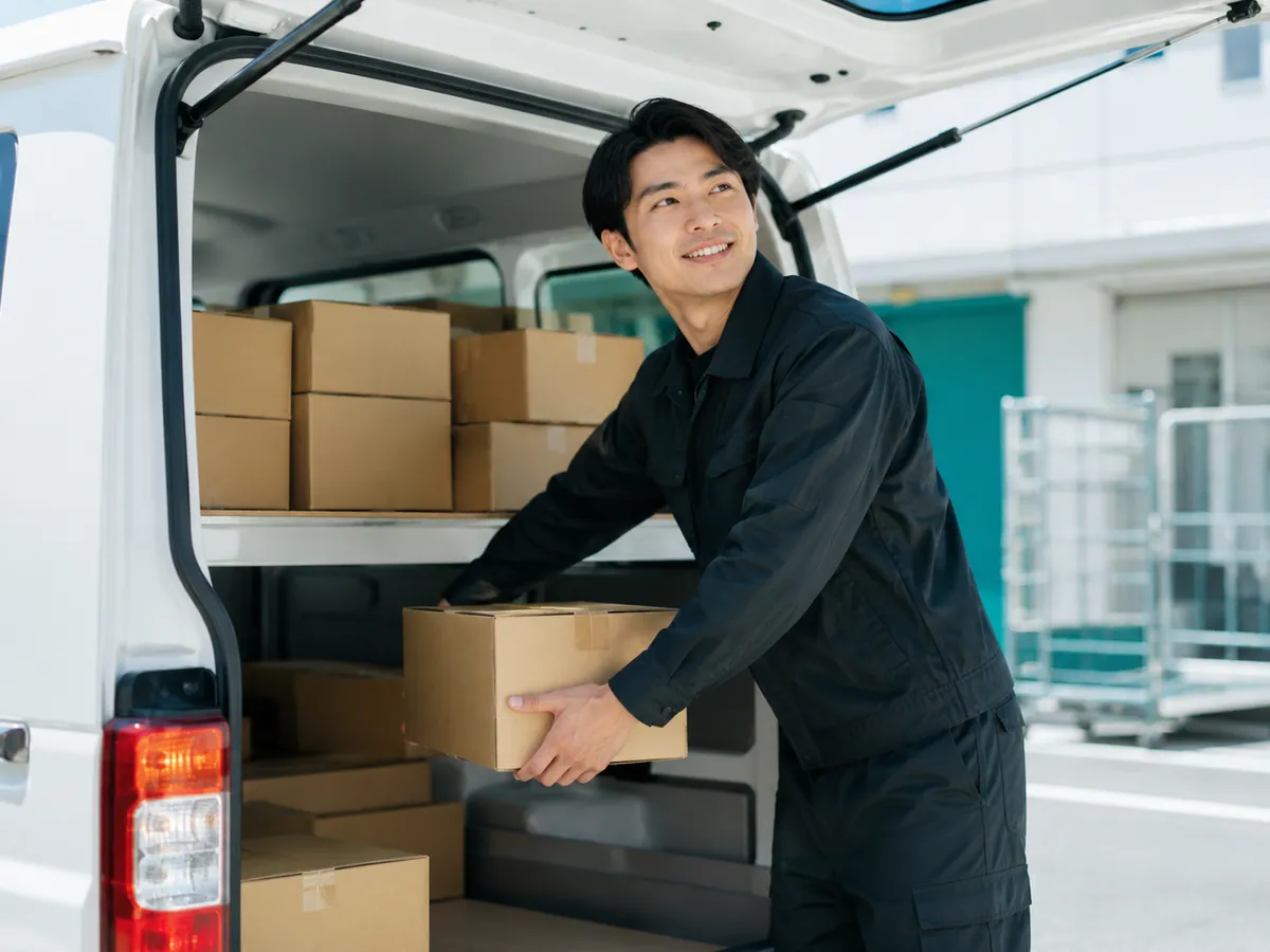 配送センターで軽バンに荷物を積み込む軽貨物ドライバーのイメージ